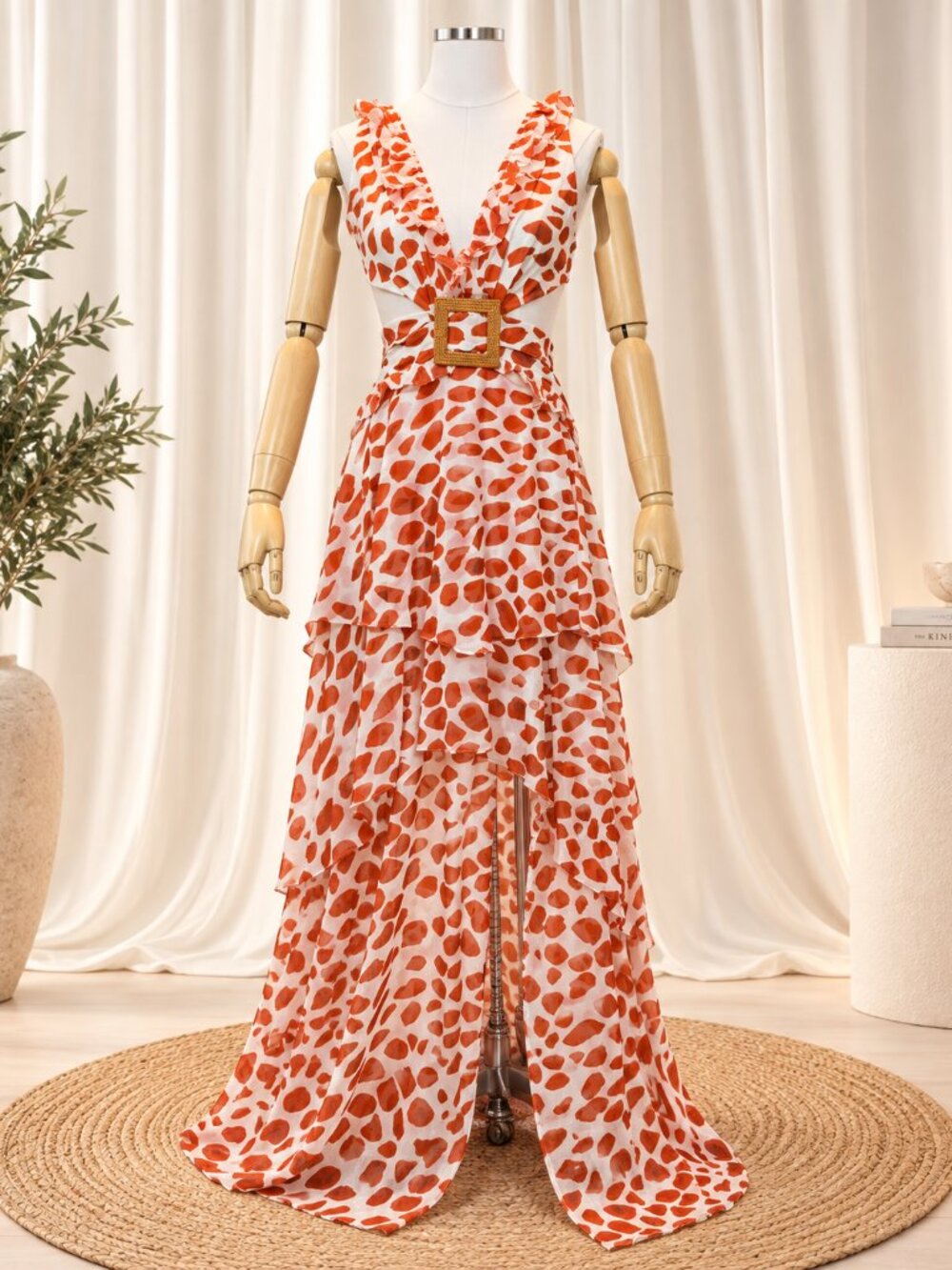 Luxxel Rust Orange Printed Maxi Dress with Ruffled Tiers